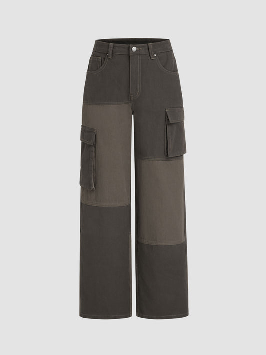 Denim Mid Waist Patchy Pocket Straight Leg Cargo Jeans