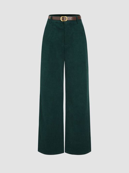 Corduroy Middle Waist Pocket Straight Leg Trousers With Belt